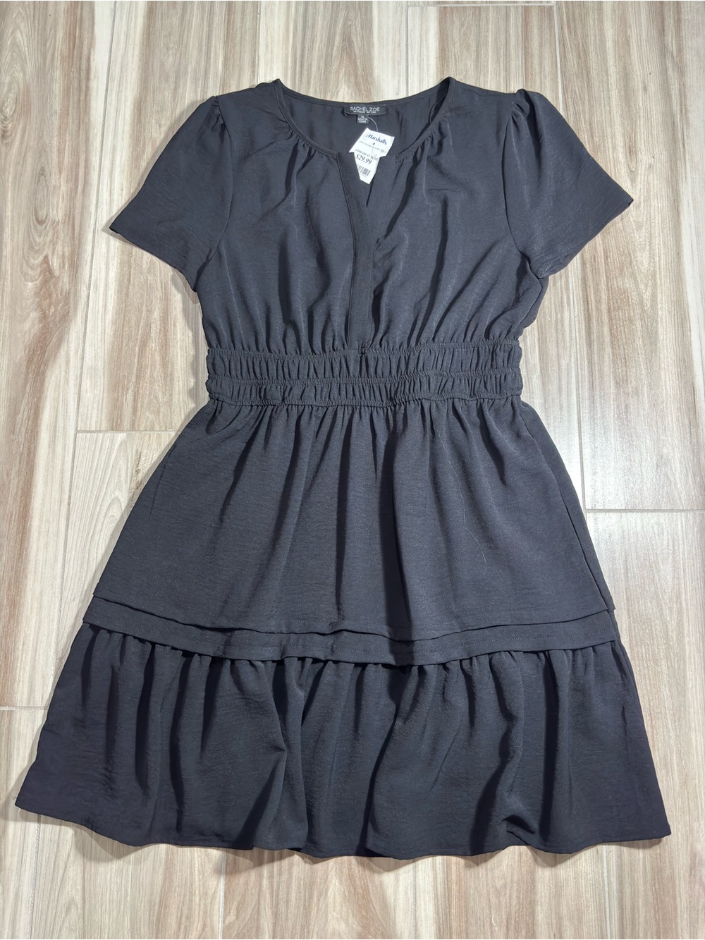 Rachel Zoe Black Short Sleeve Smocked-Waist Tiered Dress
